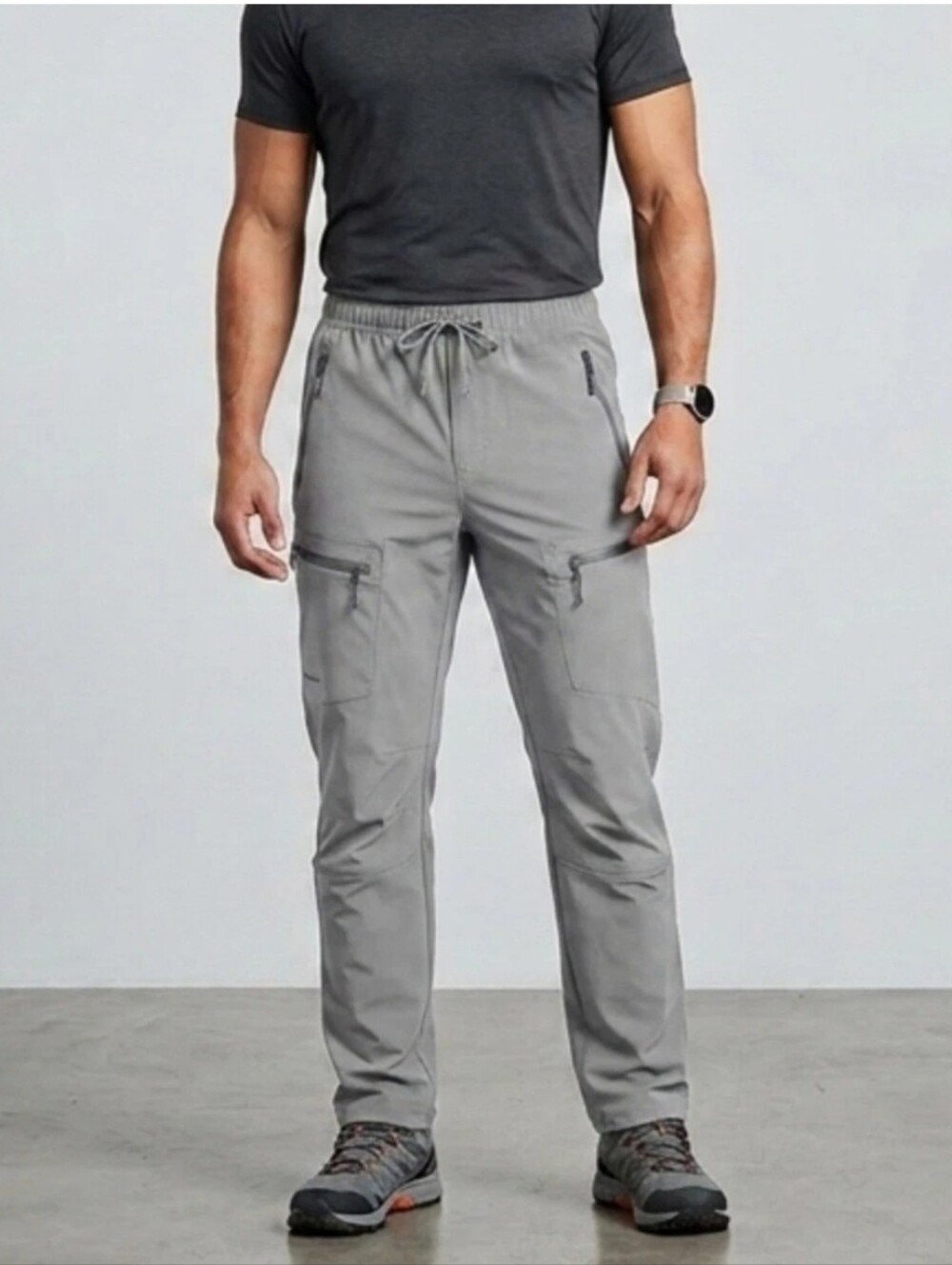 Trr Outdoor Sports Men’s Hiking Travel Nylon Cargo Pants Gray Stretch Zippers XL